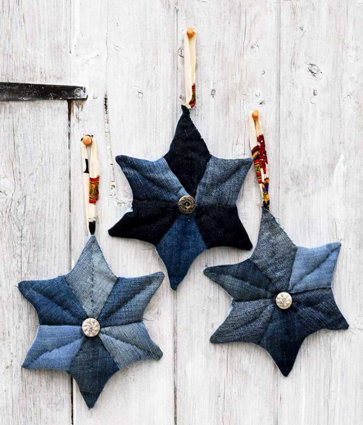 Upcycled Denim Patchwork Quilted Stars Decoration