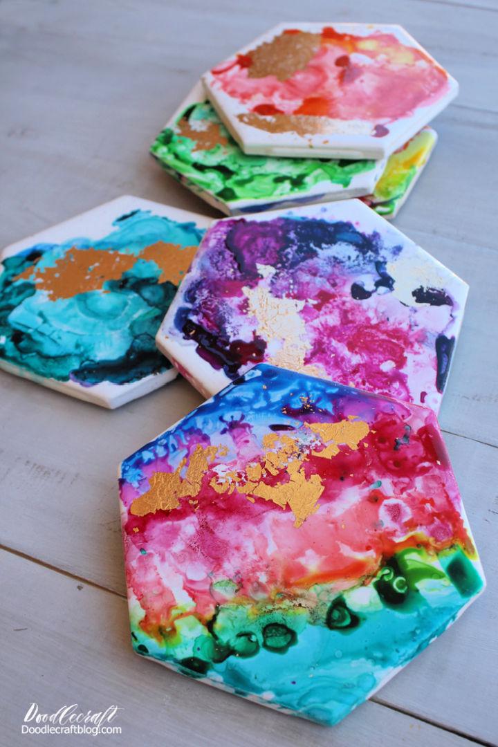 Watercolor Alcohol Ink and Gold Leaf Coasters