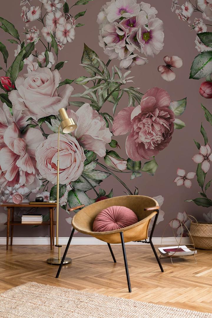 pink flower bush wallpaper mural bedroom